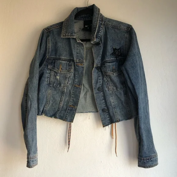 Desigual cropped denim jacket embellishments power spellout protest - Picture 5 of 9